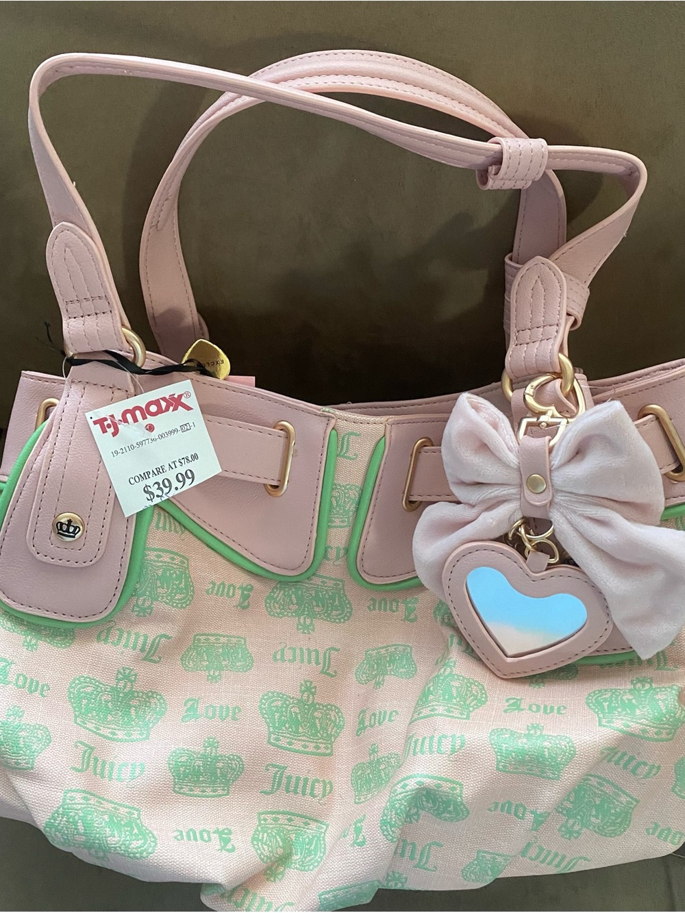 Juicy Couture Pink Tote with Mint Crown Print and Heart Charm